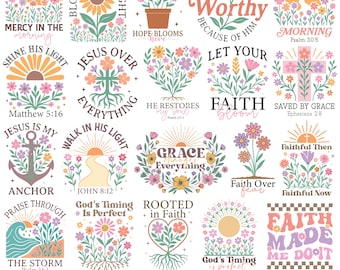 Paquete Boho de Fe Cristiana, Diseños SVG de Versículos Bíblicos, Citas Florales de las Escrituras, Frases Religiosas Boho para Camisetas e Impresión