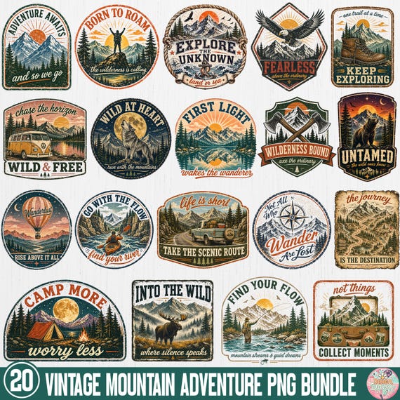 Vintage Mountain Adventure PNG Bundle, Camping Sublimation Designs, Hiking Tshirt PNG, Retro Outdoor Shirt PNG, Mountain Nature Graphics