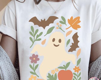Sublime chemise d'Halloween fantôme mignon, T-shirt citrouille d'automne fantasmagorique, T-shirt automne chauve-souris rétro Png, Boho Floral automne Png, Halloween Png