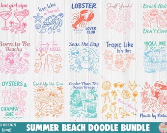 Sommer Strand Doodle PNG Bundle: T-Shirt Designs, Strandleben Zitate (30 Dateien)