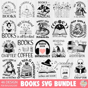 Può includere: Una collezione di 46 design SVG in bianco e nero con illustrazioni a tema libri. I design includono draghi, gnomi, teschi e citazioni come "Books are Magic" e "Just One More Chapter". Perfetto per progetti di artigianato.
