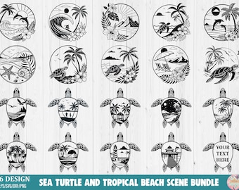 Tropical beach scene ClipArt, Sea Turtle and Beach Scene SVG Bundle, ocean animal Beach Scene cut files, turtle Beach Scene Nature SVG