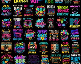 Retro 80s 90s PNG Bundle, Neon Vintage T-Shirt Designs, Hip Hop Graphics, Nostalgic Cassette Clipart for Sublimation, Retro Old School PNGs