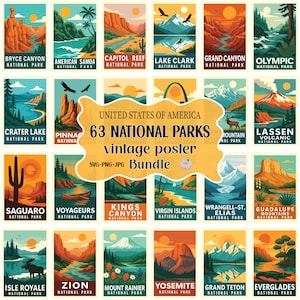 Op de afbeelding: Een verzameling vintage posters met illustraties van 63 nationale parken in de Verenigde Staten. Elke poster toont een uniek landschap met tekst die het park identificeert. De bundel bevat SVG-, PNG- en JPG-formaten.