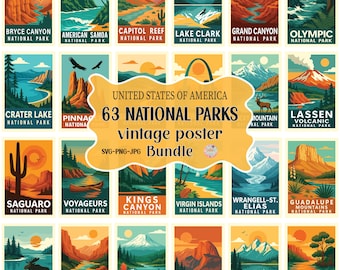 USA Nationalparks Poster Bundle, Retro Nationalpark SVG-Set, USA Reise Wandkunst, Vintage Landschaft Printables, Wohnkultur Pngs