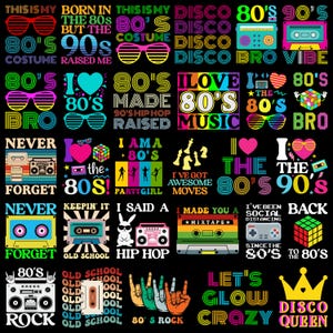 May include: A black graphic design featuring various 80s and 90s themed text and images. The design includes phrases like "Disco," "80's," "90's," and "Old School," along with images of sunglasses, boomboxes, and cassette tapes.