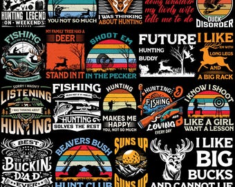 Pacote de designs de camisetas para caça e pesca, SVG de caça retrô, camisetas com frases de pescador, designs de camisetas para aventuras ao ar livre, gráficos de esportes de pesca.