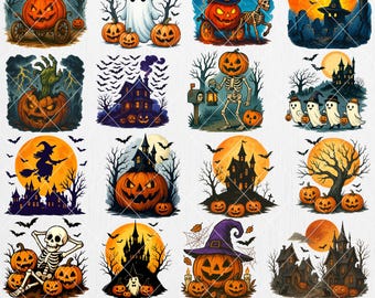Paquete de imágenes prediseñadas de noches de Halloween espeluznantes y calabazas, imágenes prediseñadas de Halloween embrujadas, imágenes PNG de noches de terror de Halloween, imágenes PNG de noches misteriosas de calabazas aterradoras