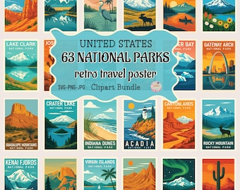 Nationalparks Retro Reise Poster, Clipart Bundle, 63 Vintage USA Park Illustrationen, Nationalpark Kunst für Aufkleber & Wanddeko