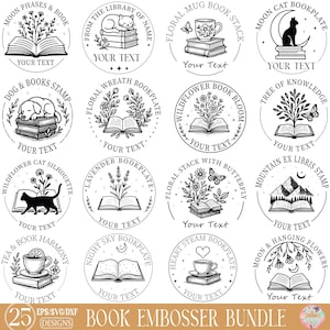 May include: A collection of 25 black and white book embosser designs. Each circular design features illustrations of books, flowers, cats, and other elements, with space for personalized text. The designs are in EPS, SVG, and DXF formats.