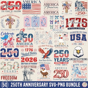 Könnte beinhalten: Eine Sammlung patriotischer Designs zum 250. Jahrestag Amerikas. Die Designs umfassen die amerikanische Flagge, die Freiheitsstatue, Adler und den Text "250 Years of Freedom."