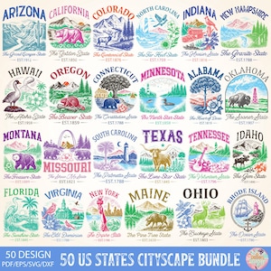 50 US States Cityscape Icons SVG Bundle, Retro State Landmark Tshirt Designs, American States Vintage Map Clipart, American State Shirt PNG