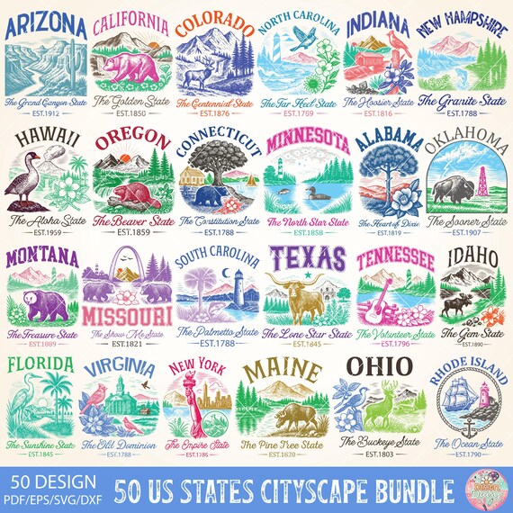 50 US States Cityscape Icons SVG Bundle, Retro State Landmark Tshirt Designs, American States Vintage Map Clipart, American State Shirt PNG