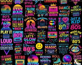 Zestaw Ultimate 80s Retro PNG, Neonowe wzory koszulek w stylu vintage, Grafika sublimacyjna w stylu lat 80., Zestaw clipartów z kasetami magnetofonowymi i klimatami disco w formacie PNG
