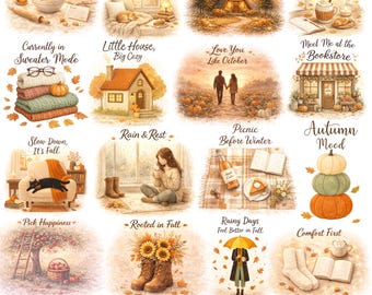 Cozy Autumn Shirt PNG Bundle, Cottagecore Fall Clipart, Cozy Autumn Aesthetic PNG, Pumpkin Spice, Fall Quote Tshirt Designs Digital Download