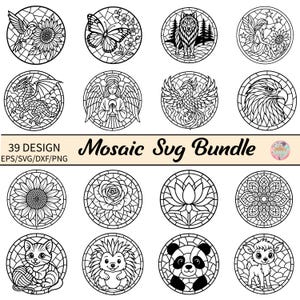 May include: A set of 12 black and white mosaic designs in circular frames. Designs include a hummingbird, butterfly, wolf, fairy, dragon, angel, phoenix, eagle, sunflower, rose, lotus flower, mandala, cat, hedgehog, panda, and deer. Text reads "39 DESIGN Mosaic Svg Bundle".