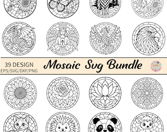 Mosaic SVG Bundle, Stained Glass Animal Flower Designs, Mandala Mosaic Clipart for Cricut, Mosaic Talavera Mandala Art, Mosaic Pattern PNG