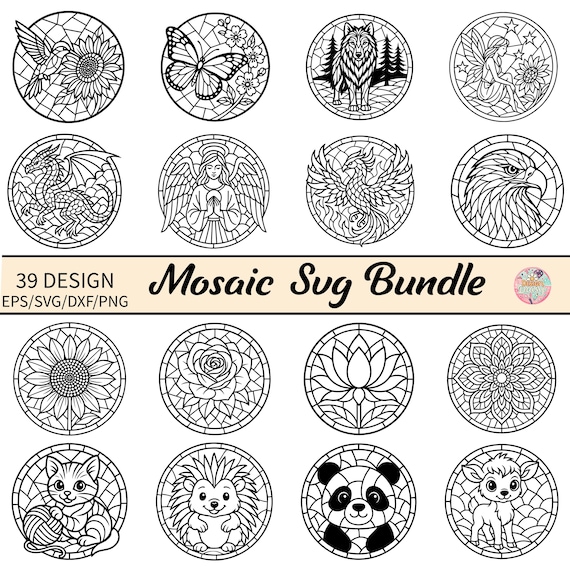 Mosaic SVG Bundle, Stained Glass Animal Flower Designs, Mandala Mosaic Clipart for Cricut, Mosaic Talavera Mandala Art, Mosaic Pattern PNG