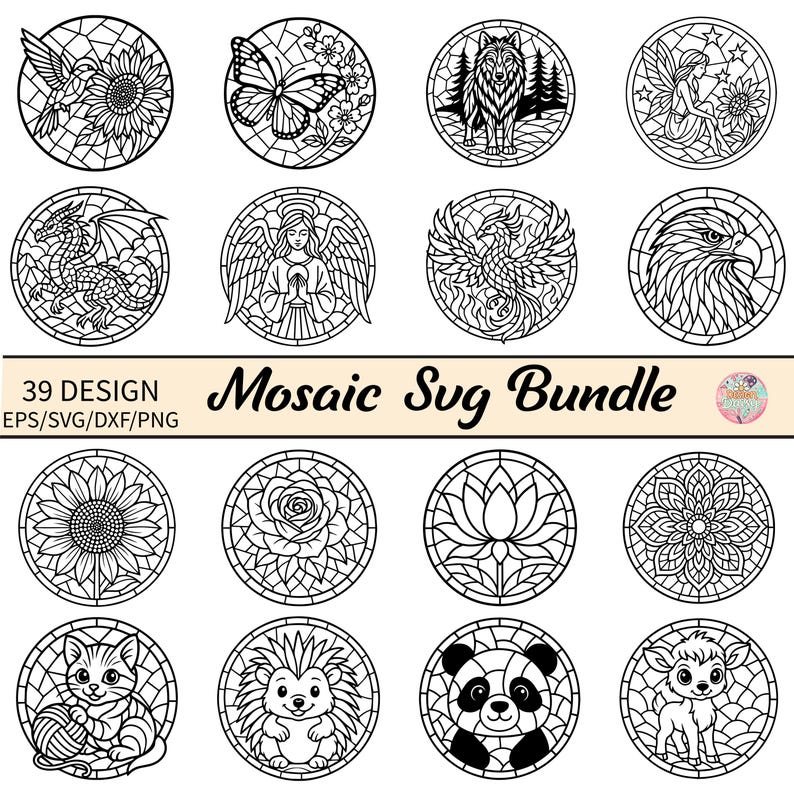 May include: A collection of 12 black and white mosaic designs, each within a circular frame. Designs include a hummingbird, butterfly, wolf, fairy, dragon, angel, phoenix, eagle, sunflower, rose, lotus flower, mandala, cat, hedgehog, panda, and deer. Text reads "39 DESIGN Mosaic Svg Bundle".