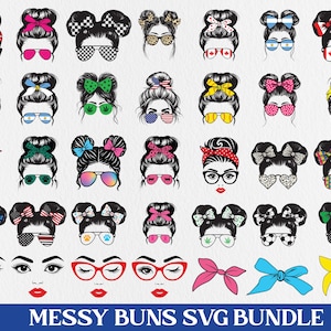 Mom Life svg, Messy Buns Svg Bundle, Mom Headbands SVG, USA Messy Bun Mom Cliparts, eyelashes and sunglasses cut files,messy bun Hair face,
