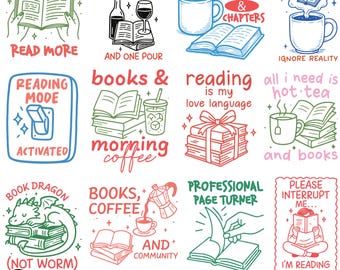 Book Lover T-shirt SVG Bundle, Reading Quotes Clipart, Hand Drawn Bookish Designs, Reading Sayings PNG, Cute Hand-Drawn Line Art Books