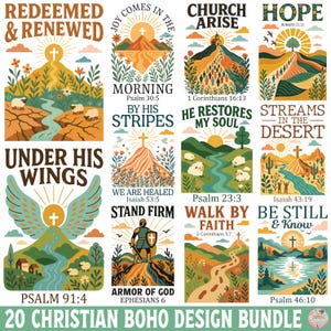 以下が含まれることがあります： 20のクリスチャンボヘミアンデザインバンドルのコレクション。各デザインは、風景、十字架、感動的なメッセージなど、インスピレーションを与える引用と画像が特徴です。デザインはさまざまな色で、アースカラーとヴィンテージな美学に焦点を当てています。