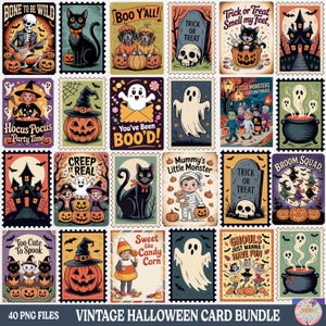 Vintage Halloween Card PNG Bundle Halloween Printable Collage Cards Retro Halloween Home Decor Vintage Gothic Wall Prints Halloween Card PNG