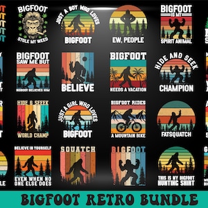 Puede incluir: Una colección de diseños retro con temática de Bigfoot. Cada diseño presenta siluetas de Bigfoot, texto y esquemas de color vintage. Los diseños incluyen frases como "Bigfoot Hunting Shirt" y "Just a Boy Who Loves Bigfoot."