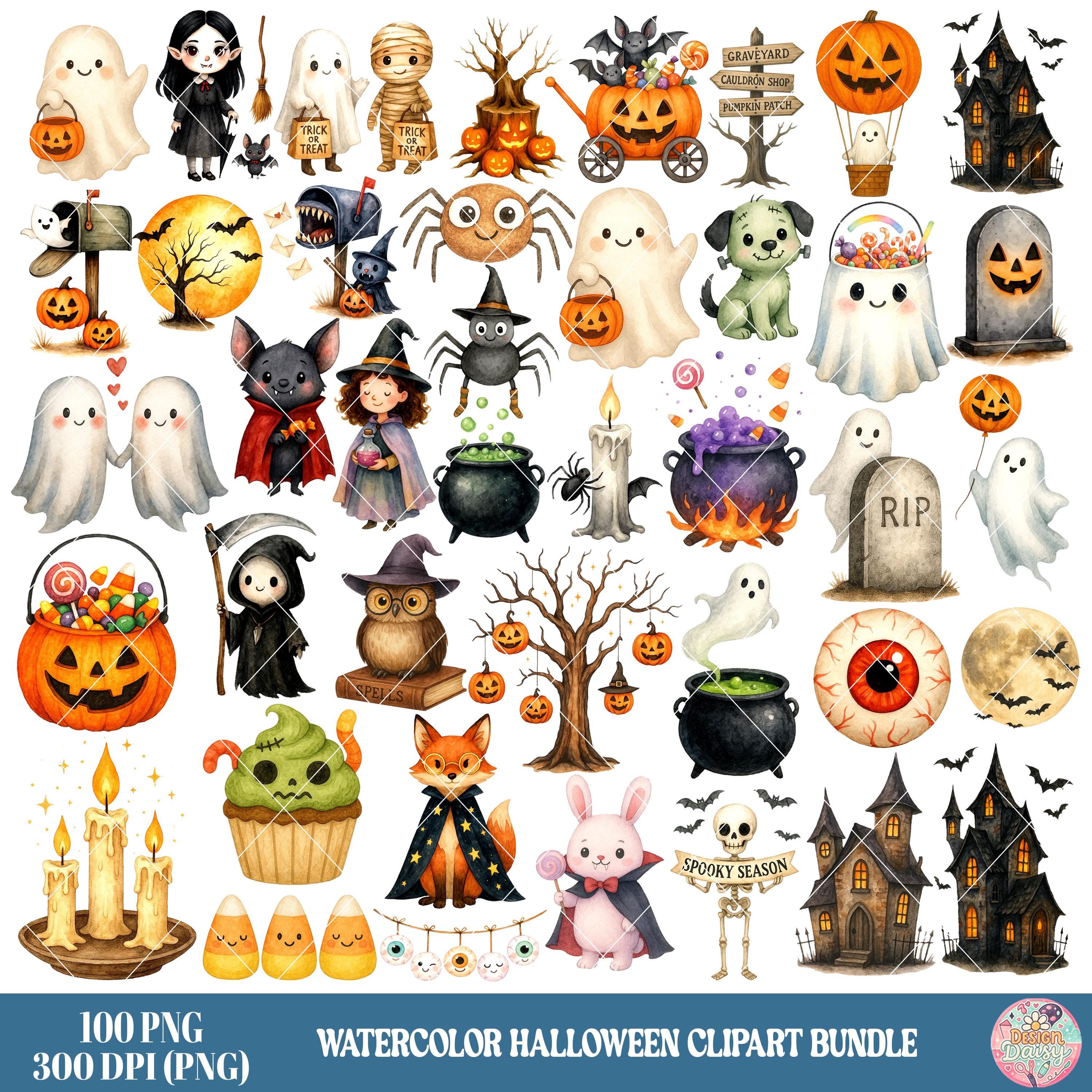Watercolor Halloween PNG Clipart Bundle, Cute Halloween Clipart, Happy ...