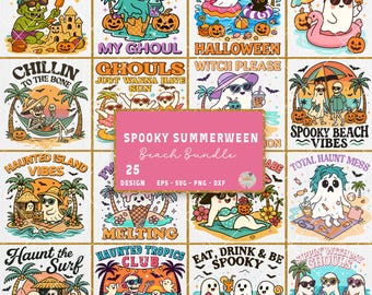 Spooky Summerween Beach T-shirt Bundle, Retro Halloween Summer Designs, Funny Ghost Skeleton Shirt for Sublimation, Summer Halloween TShirt