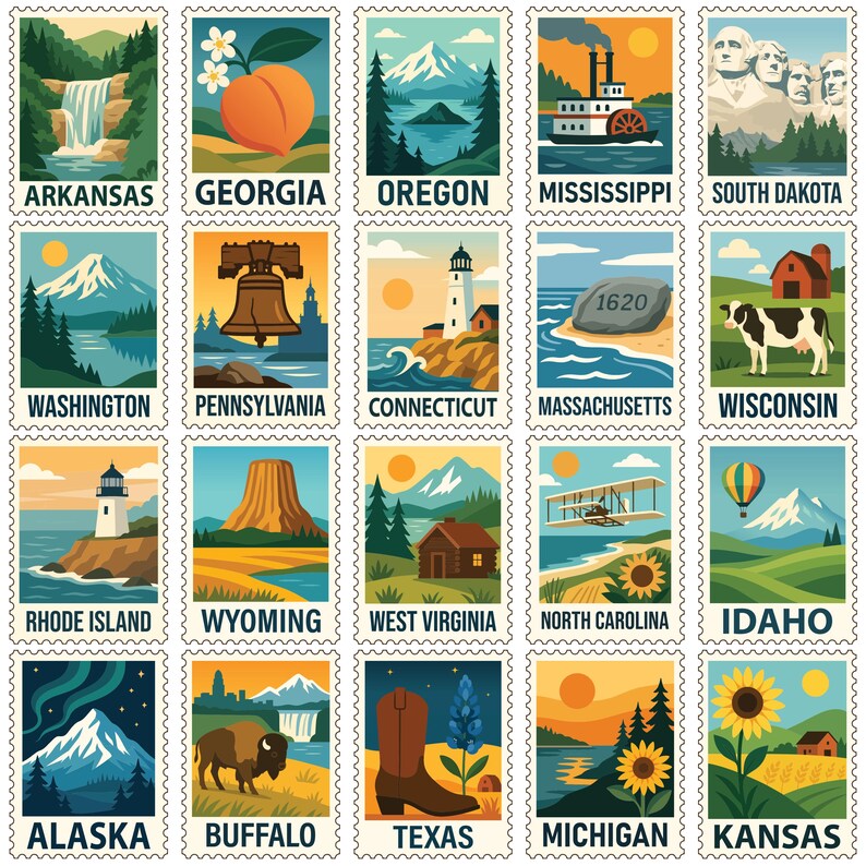 State Stamp Project 50 United States Postage Stamp Clipart Bundle, USA State Stamp SVG PNG ...