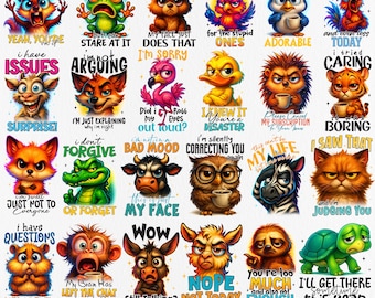 May include: A collection of 40 sarcastic and funny animal PNG images. Each image features a different animal with a humorous expression and a witty phrase. The images are colorful and suitable for various creative projects.