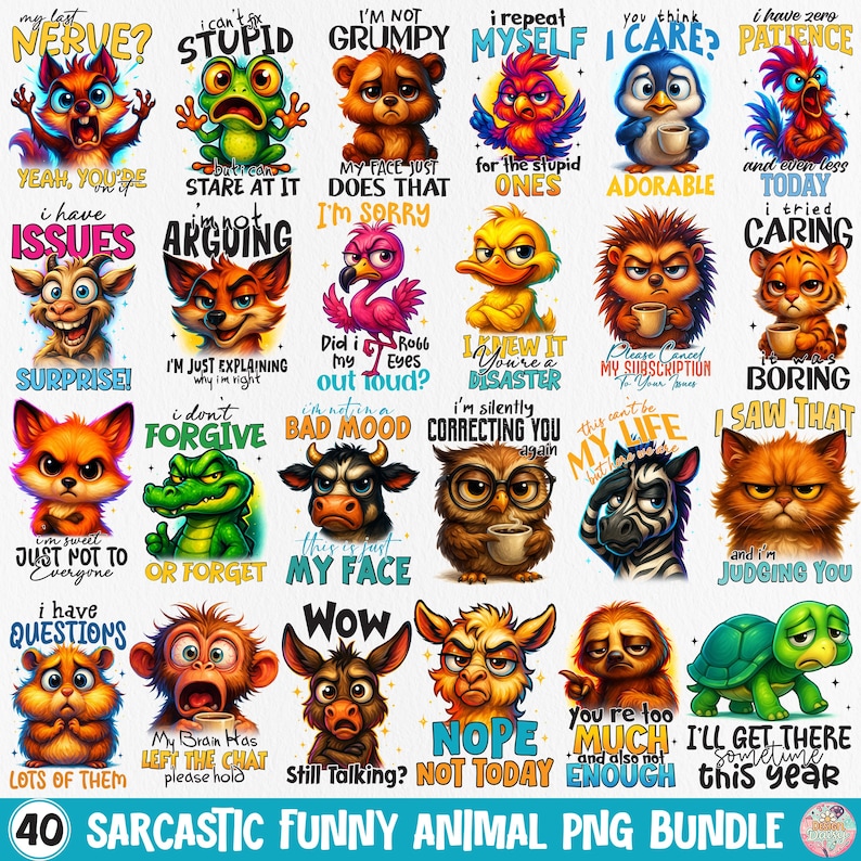 May include: A collection of 40 sarcastic and funny animal PNG images. Each image features a different animal with a humorous expression and a witty phrase. The images are colorful and suitable for various creative projects.