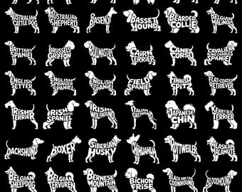 Dog Breeds Sayings SVG, Dog Breed Typography Silhouette Bundle, Lettering Designs in dog shapes, Dog Typography Shirts, Dog Word Art