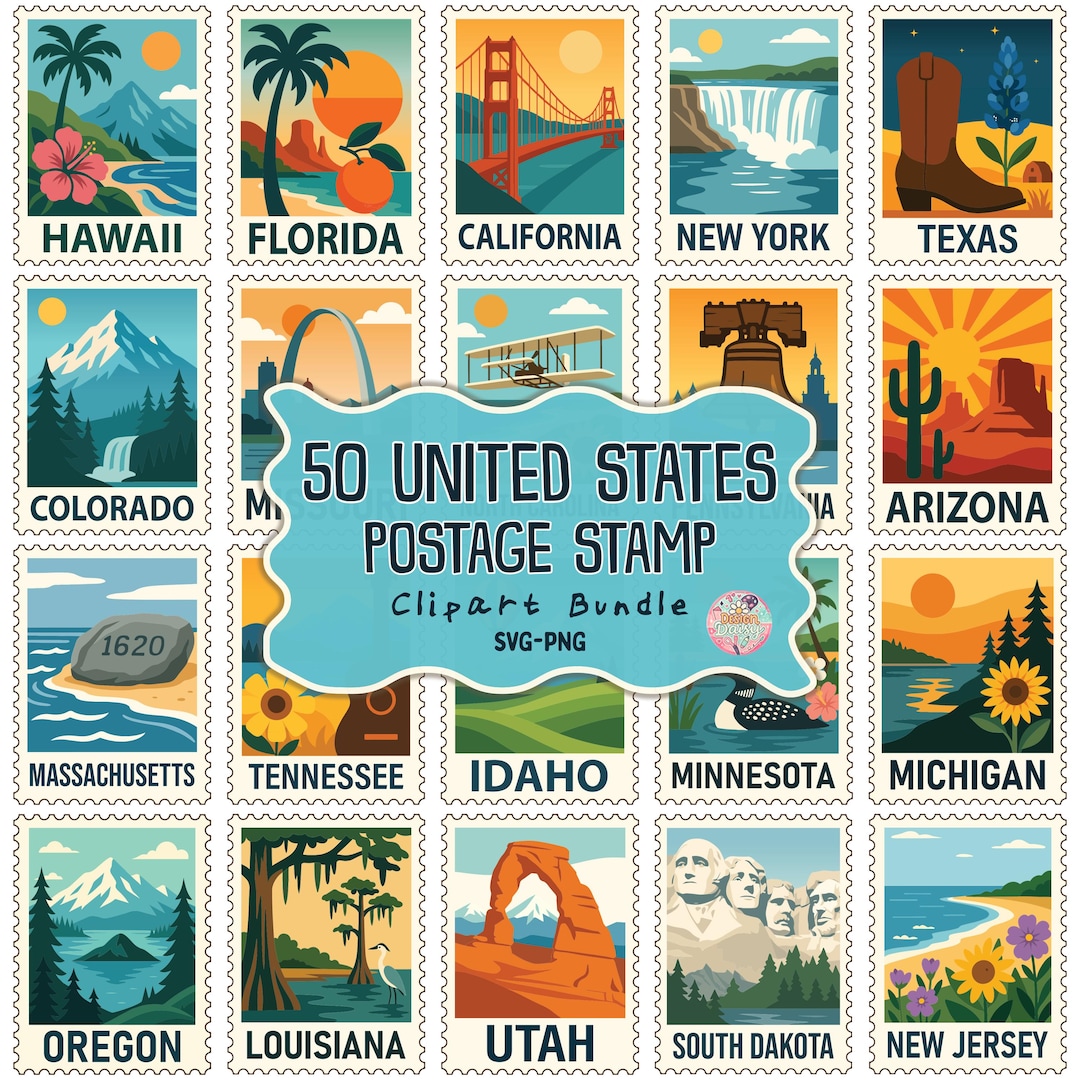 State Stamp Project 50 United States Postage Stamp Clipart Bundle, USA State Stamp SVG PNG ...