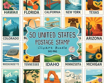 50 United States Postage Stamp Clipart Bundle, USA State Stamp SVG PNG, Travel Stickers Digital files, Vintage States Badges, Postage png