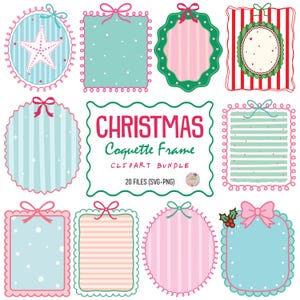 Può includere: Una collezione di cornici coquette a tema natalizio. Le cornici sono di varie forme, tra cui ovali, quadrate e con bordi smerlati, con sfondi a righe, a pois e a tinta unita. Ogni cornice è adornata con un fiocco. È visibile anche il testo "CHRISTMAS Coquette Frame".