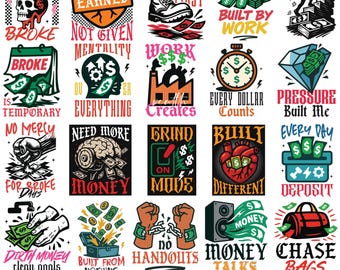 Pacchetto PNG di Money Streetwear, citazioni di Hustle Grind, clipart di denaro urbano, PNG di street art motivazionale, grafiche di denaro alla moda per magliette e POD