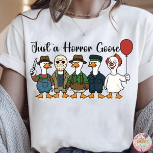 Just a Horror Goose Halloween T-shirt Png, Retro Silly Goose Design, Spooky Goose Halloween Shirt Png, Funny Horror Halloween Goose Png