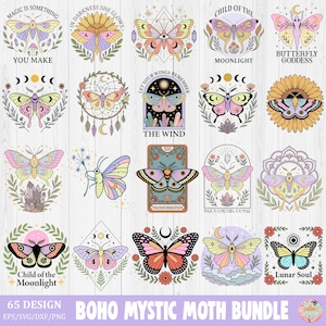 Könnte beinhalten: Eine Sammlung von 20 farbenfrohen Motiven von Motten und Schmetterlingen mit himmlischen und botanischen Elementen. Jedes Design weist komplizierte Details auf, darunter florale Akzente, Monde und Sterne. Der Text enthält Sätze wie "Child of the Moonlight".