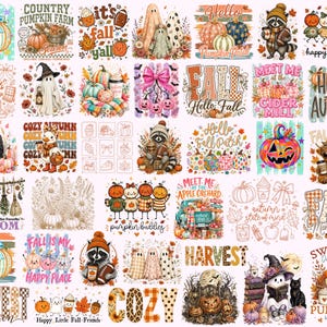 May include: A digital collage featuring numerous autumn-themed illustrations including pumpkins, ghosts, raccoons, and fall foliage. The designs incorporate text such as Hello Autumn, Fall Vibes, and Harvest, utilising a palette of orange, brown, and cream.
