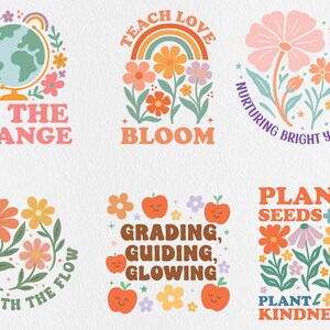 May include: A collection of six retro-style designs with floral and inspirational text. The designs feature phrases like "Be the Change," "Bloom," and "Plant Kindness," along with illustrations of flowers, rainbows, apples, and a globe.