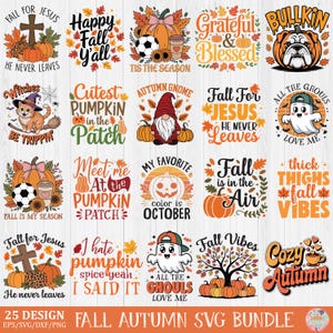 Puede incluir: Un conjunto de 25 diseños SVG con temática otoñal. Los diseños presentan calabazas, hojas y textos como "Happy Fall Y'all", "Fall for Jesus" y "Cozy Autumn". La paleta de colores incluye naranja, marrón y blanco.