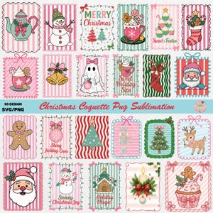 May include: A collection of 30 Christmas-themed PNG designs with a coquette aesthetic. The designs feature various holiday elements like a snowman, Santa Claus, gingerbread men, and Christmas trees, all in a pink and green color scheme. Text includes "Merry Christmas" and "Sweet Holiday Sips".