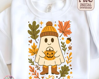 Cute Ghost With Pumpkin png, Boho floral Ghost svg, Girly Halloween tee graphic, Bougie Ghost, Spooky Season shirt, Fall Floral Ghost PNG
