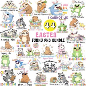 Puede incluir: Un conjunto de 44 gráficos PNG con temática de Pascua. Los diseños presentan animales como perezosos, tiburones y mapaches, con frases e ilustraciones humorísticas relacionadas con la búsqueda de huevos de Pascua y los dulces. La paleta de colores incluye pasteles y colores brillantes.