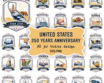 USA 250 Anniversary SVG Bundle, 50 States Patriotic PNG, America 1776-2026 Independence Day Png, United States 250 Years TShirt Cricut Files
