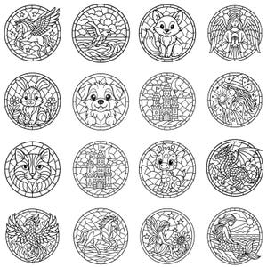 May include: A collection of black and white circular illustrations featuring various fantasy and animal designs. The designs include a unicorn, a fox, a dog, a castle, a dragon, and a mermaid, among others. Each design is enclosed within a circular frame.