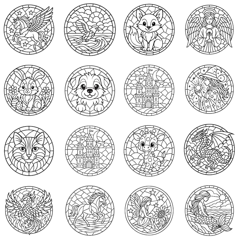 May include: A collection of black and white circular illustrations featuring various fantasy and animal designs. The designs include a unicorn, a fox, a dog, a castle, a dragon, and a mermaid, among others. Each design is enclosed within a circular frame.