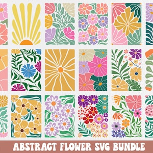 Abstract Flower Svg and png Bundle, Abstract Boho Retro Floral cut files, Groovy Flower Svg, Png, Digital Download, Vintage boho floral png